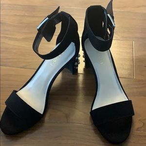 NINE WEST Prellao Black Pearl Block Heels Sandals